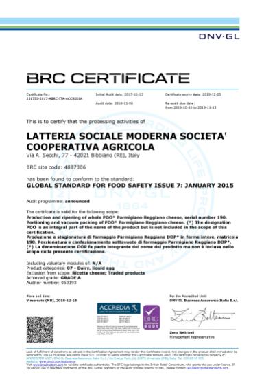 Certificato BRC 2019